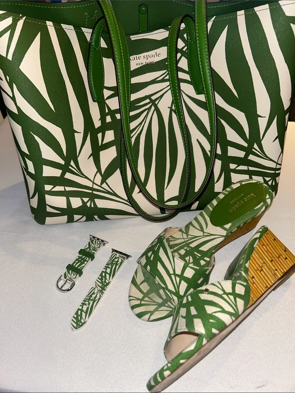 Kate Spade Palm Fronds SET Large Tote, Wedge Slides sz 7, & Apple Watch Band EUC